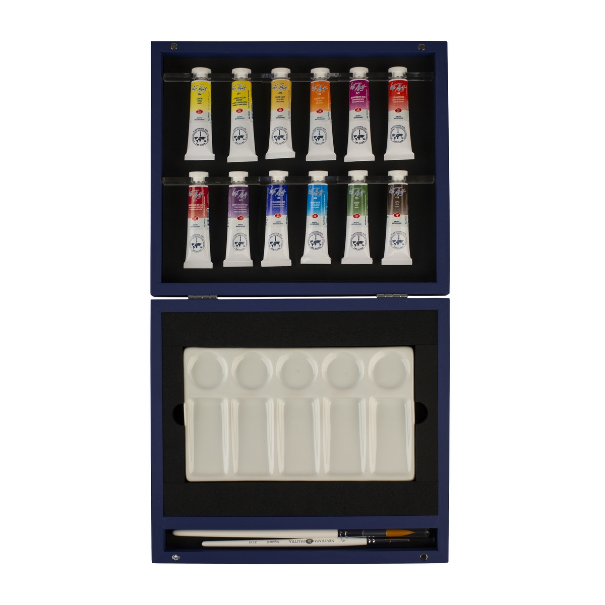 Watercolour set "White Nights", porcelain palett, brushes, blue wooden box