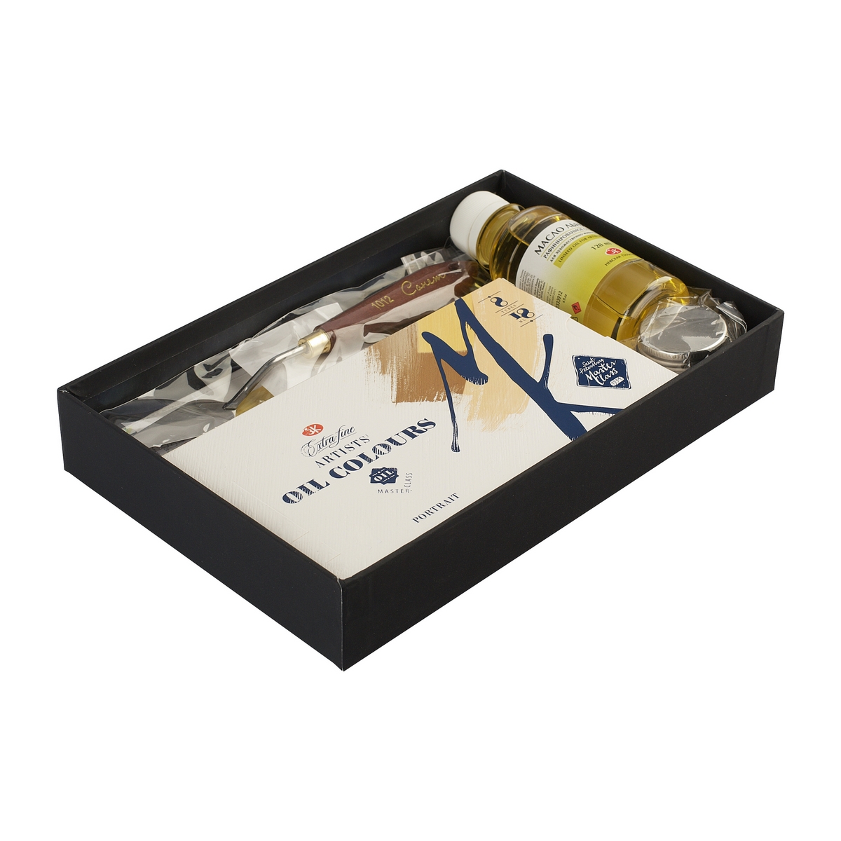Oil paints gift set Master-Class Portrait 8 colours in 18 ml tubes, single dipper with cover , bleached refined linseed-oil , palette knife , canvas panels , brushes, cardboard box